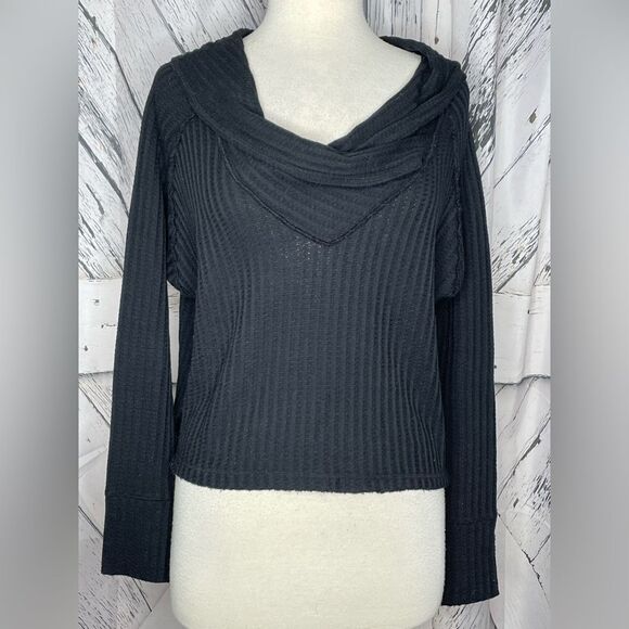 Free People Wildcat Cowl Neck Waffle Knit Thermal Pullover Sweater Black XS - Picture 2 of 7